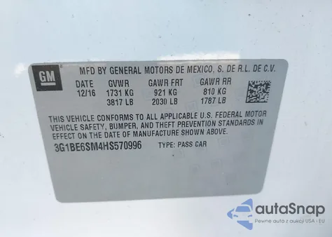 2017 Chevrolet Cruze Lt Auto из США, поврежденный, VIN 3G1BE6SM4HS570996